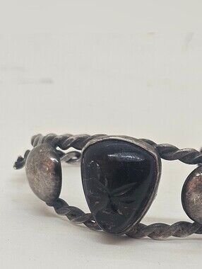 Vintage Black Stone Sterling Twisted Cuff Bracelet 21g